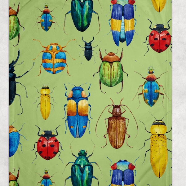 Beetle Fleece Throw Blanket in Green Summer Field - Boho Colorful Home Deco - Artwork for Home Apartment Living Room