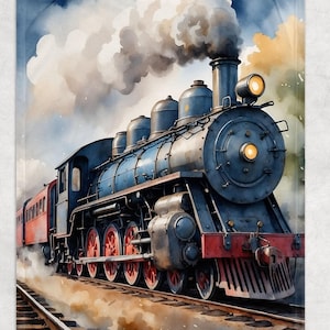 May include: A vintage steam locomotive train with a red passenger car, pulling out of a station with smoke billowing from the chimney.