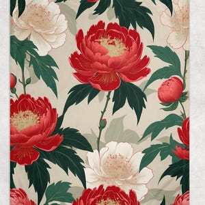 May include: A repeating floral pattern showcasing large red and white peony flowers with yellow centers and dark green foliage. The design is set against a neutral beige backdrop, creating a classic and elegant aesthetic. The pattern repeats across the surface.