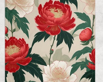 Oriental Blanket | Traditional Asian Floral Throw | Japanese Inspired Throw Blanket | Botanical Pattern Blanket | Nature Themed Home Décor