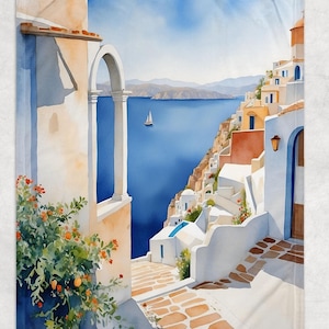 Greece Skyline Fleece Blanket