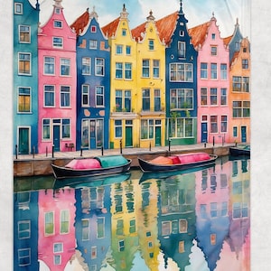 Dutch Canal Houses throw blanket ,  Fleece Blanket, Beautiful Holland homes design. Amsterdam in watercolors art sofa throw