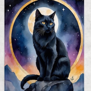 May include: A watercolor illustration of a black cat with yellow eyes, perched on a rock. The cat is set against a backdrop of a full moon, stars, and a colorful sky. The artwork has a mystical and celestial theme.