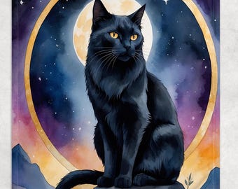 The Cat Tarot Card Fleece Blanket, Tarot Lover ThrowBlanket, Black Cat Moon Themed Decor, Vintage Witchy Home Decor, Gift for Cat Mom