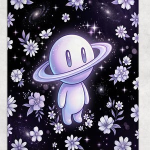 May include: A rectangular blanket featuring a black background with a repeating pattern of light purple flowers and stars. In the center, a cartoon character with a round head and a ring around it, resembling a planet, glows in shades of light purple.