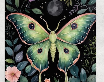 Witchy Luna Moth Fleece Blanket, Cottagecore and Dark Academia Throw, Witchy Decor for Goblincore Lovers, Moth and Moon Lover Gift