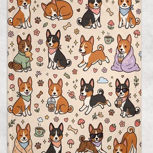 May include: A beige blanket featuring a repeating pattern of cartoon corgi dogs in various poses. The dogs are brown, black, and white, with accessories like bandanas and sunglasses. Scattered around are bones, flowers, and coffee cups.