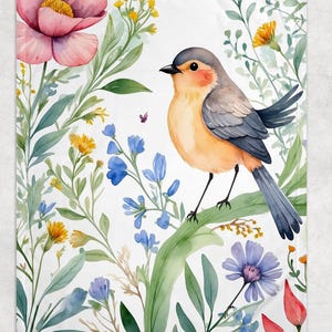Whimsical Bird and Wildflower Light Fleece Blanket, Bird Blanket, Soft Bird Blanket