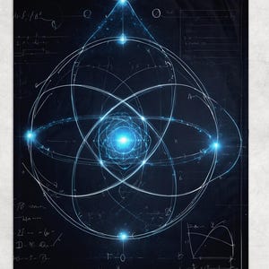 May include: A blue and white abstract design with a glowing center, surrounded by handwritten equations and formulas on a dark background.