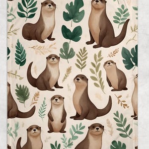 Otter Baby Blanket - Beige Floral Minky Throw Blanket for Cute Animal Lovers, Sea Otter Lover Home Decor, Flower Mothers Day Gift