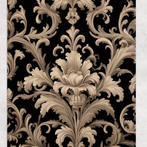 May include: Black and beige floral pattern with a large central flower and scrolling leaves. The design is symmetrical and detailed, creating a classic, elegant look. The background is black, and the floral elements are beige.