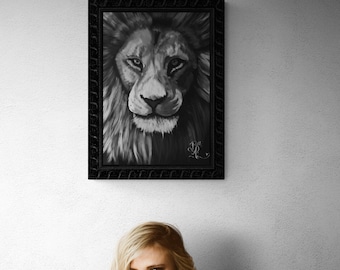 Lion Wall Art, Black and White Lion Print, Hand drawn Art, Black and White Art Print, Animal Art, Gift fo New Home, ion Head Wall Art