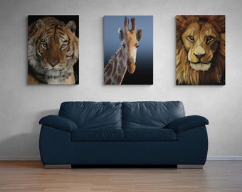 Safari Animal Print, Set of 3, Safari Posters, Big Cat Art, Lion and Tiger Print, Giraffe Print, Lion and Tiger Canvas Print, Giraffe Canvas