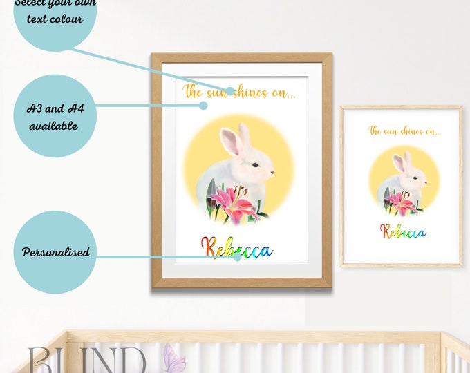 Personalised Nursery Wall Art Print, Baby Toddler bedroom decor, neutral wall art for children’s room, Rabbit painting, gift for new mum