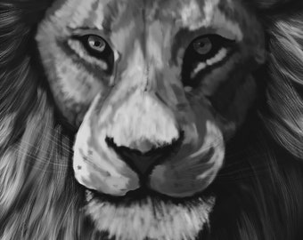 Black and White Lion Painting, Print at Home, Office Decor for Him, King of the Jungle, Safari Animals, Digital Art Download, Gift for Him