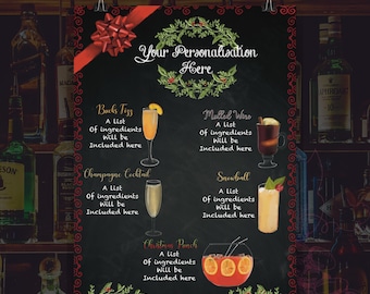 Personalised Christmas Cocktails, Festive Drinks Menu, Christmas Party Accessories, Homemade cocktails, Christmas table decor, Festive menu