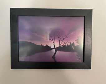 Sunset Lake Print, Framed Wall Art, Purple Sunset Painting,  Lone Tree Digital Painting, Decor Gift for Grandma, new home gift for friend