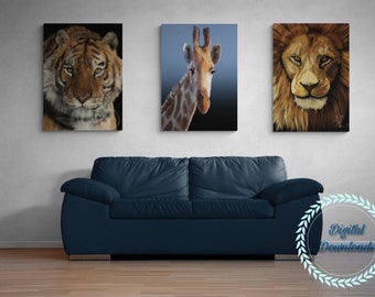 Safari Animals Art, Set of 3, Tiger Lion Giraffe Digital Download, Print at Home Animal Art,  Nursery Wall Art Prints, Home Decor,