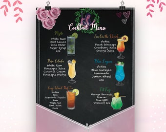 Cocktail Menu Print, Cocktail Recipes, Personalised, Hen Night accessories, bachelorette party games, bridal shower, best friend photo gift