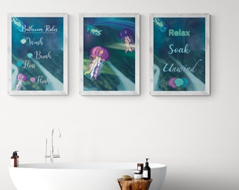 Jellyfish art print/ Set of Three Bathroom Decor