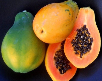May include: Four papayas on a dark background. One whole papaya is green, another is orange, and a third is partially cut open, revealing bright orange flesh and black seeds. The fourth papaya is orange and whole.