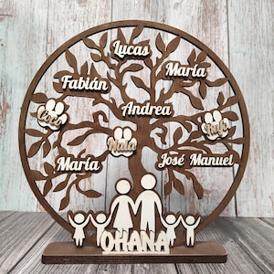 以下が含まれることがあります： ルーカス、ファビアン、マルタ、アンドレア、ココ、ナラ、マリア、ホセ・マヌエル、ルフォの名前が書かれた木製のファミリーツリーの壁飾り。木は茶色の背景で、下には「OHANA」という言葉が書かれた白い人のシルエットがあります。