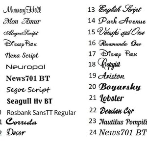 以下が含まれることがあります： 1から24まで番号が付けられた、24種類の異なるフォント名のリスト。フォント名は、対応するフォントスタイルで書かれています。