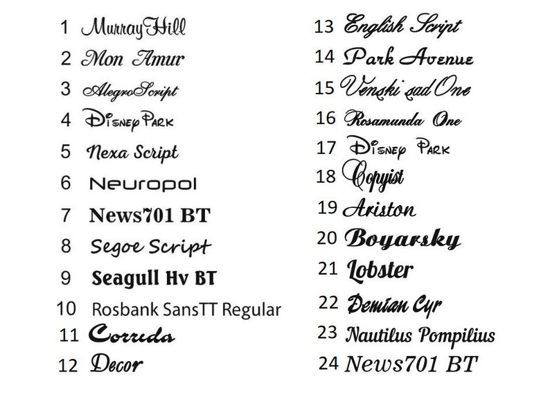 以下が含まれることがあります： 1から24まで番号が付けられた、24種類の異なるフォント名のリスト。フォント名は、対応するフォントスタイルで書かれています。