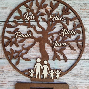 以下が含まれることがあります： 「Lolo」、「Esther」、「Paula」、「Alicia」、「Jara」という名前が枝に書かれた茶色の木製家系図。木は、2人の親と3人の子供を持つ家族の白いシルエットを基部に持っています。木の基部は、白い文字で「SIEMPRE JUNTOS」と書かれた茶色の木製プレートです。