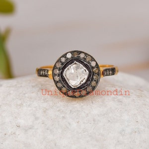 Natural polki diamond ring / Polki & pave diamond rings / 925 sterling silver handmade silver finish diamond ring / Wedding gift ring /