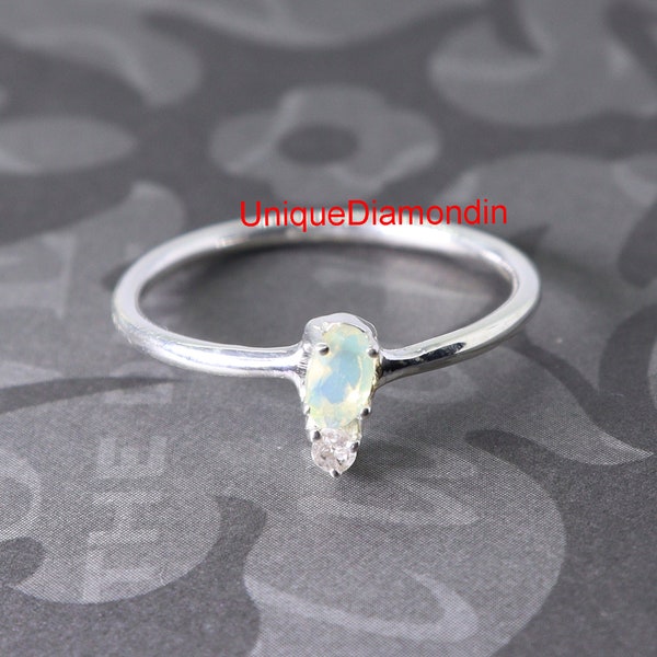 Natural opal & natural diamond ring, 925 Sterling silver natural gemstone wedding opal ring , Handmade light weight opal Gift item ring,