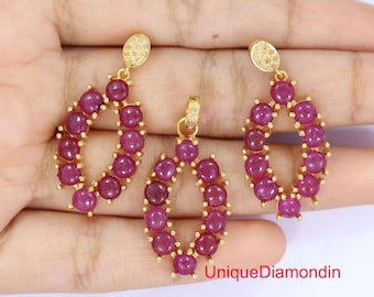 Diamond & Ruby Jewelry Set: 925 Sterling Silver Yellow Gold Plated pendant earring