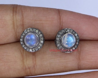 Natural Moonstone Diamond Studs, 925 Sterling Silver Vintage Earrings