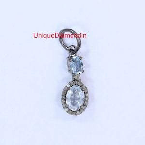 Aquamarine & Pave Diamond Pendant: Oxidized Sterling Silver, Handmade
