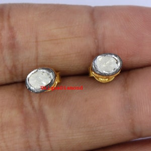 Natural Polki diamond studs Earrings, Pave Polki Sliver Victorian Stud, 925 Sterling Silver handmade finish Micron Gold platting Earrings