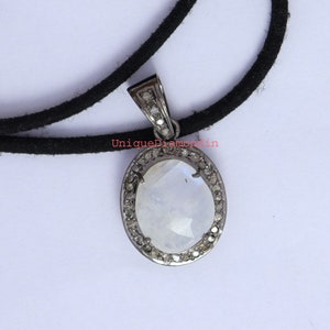 Natural Blue fire Moonstone Diamond Pendant, oxidized black Pendant, Light weight pendant, 92.5 starling silver vintage pendant,