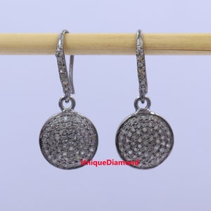 Round Disk Shaped Natural pave diamond earrings, 925 sterling silver handmade finish black platting diamond earrings Jewelry,