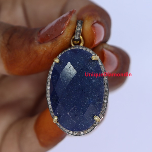 Natural lapis Pave Diamond Pendant, 925 starling silver handmade finish 1 carat diamond Pendant, Anniversary Pendant, Wedding Pendant,