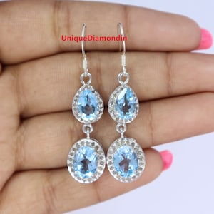 Natürliche himmelblaue Topas- und natürliche Diamantohrringe, natürliche Diamantohrringe, handgefertigte Ohrringe aus 925er Sterlingsilber mit 18 Karat Weißgoldbeschichtung,