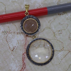 Genuine Pave Diamond Pendant, Clear quartz Pendant Necklace, Gold & black platting Pendant, Diamonds Jewelry, Handmade pendant,