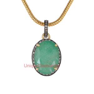 Genuine Rose cut diamond & Emerald  Pendant, 925 starling silver handmade finish diamond emerald pendant necklace jewelry,
