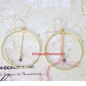 Genuine Diamond 50mm silver circle Earrings, pave diamond Earrings, Hooks earrings, 14k Gold plating Earrings, 92.5 silver earrings