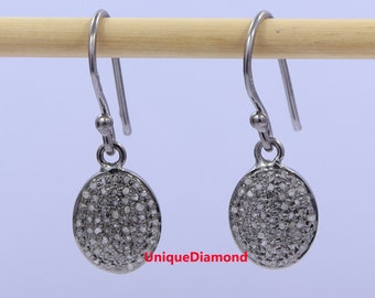 Pave Diamond Oval Earrings, Black Plated Sterling Silver, Handmade
