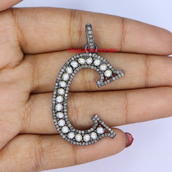 Diamond Pearl Initial Pendant, Sterling Silver Letter C Necklace