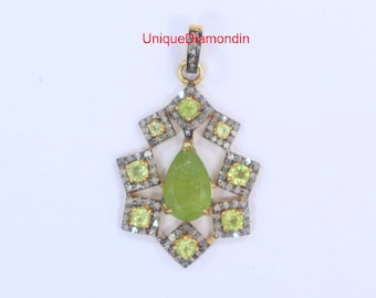 Handmade Peridot & Pave Diamond Pendant: 925 Sterling Silver Necklace