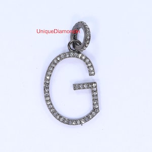 Colgante de diamante con corte de rosa natural con letra G, colgante hecho a mano con baño de plata de ley 925 oxidado y acabado negro, artículo de regalo de joyería.