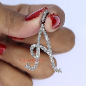 Colgante de diamante pavé con letra A, collar colgante oxidado con acabado hecho a mano en plata esterlina 925, colgante de diamante natural, artículo de regalo de joyería.