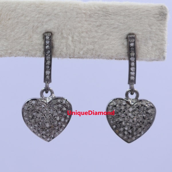 Heart Shaped Natural pave diamond earrings, 925 sterling silver handmade finish Heart Design black platting diamond earrings,