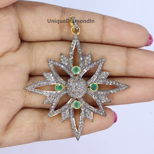 Natural Emerald & natural pave diamond Very beautiful pendant necklace 925 sterling silver handmade finish diamond necklace pendant jewelry,