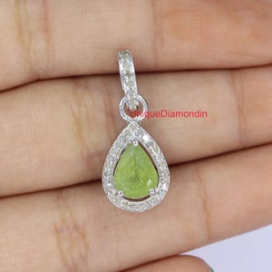 Natural Peridot & pave diamond Pendant, 925 starling silver 18k white gold platting handmade finish diamond peridot pendant Necklace,